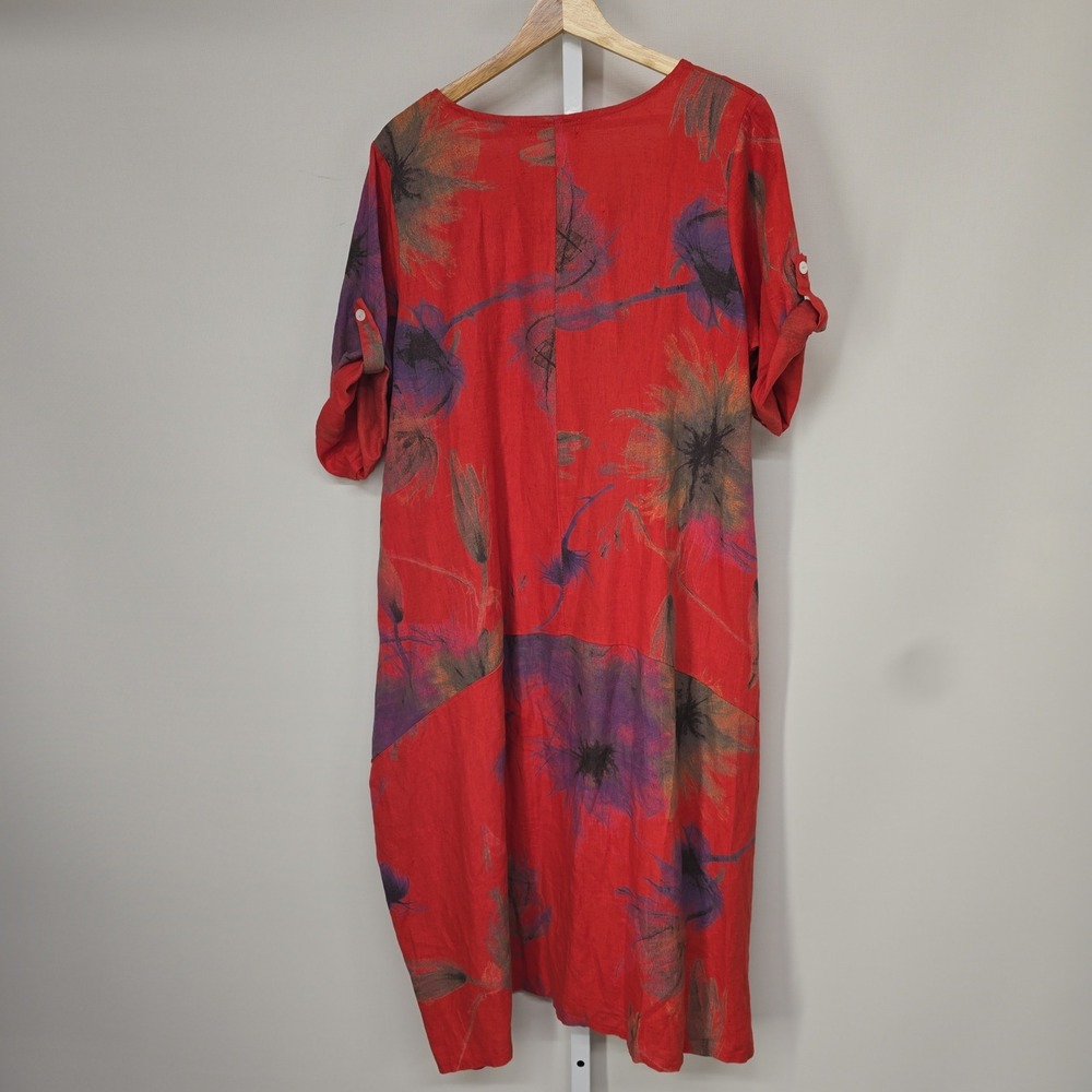 Cristina Vergani Italy Red Floral Linen Cotton Lagenlook Pocket Dress Small - Picture 2 of 7